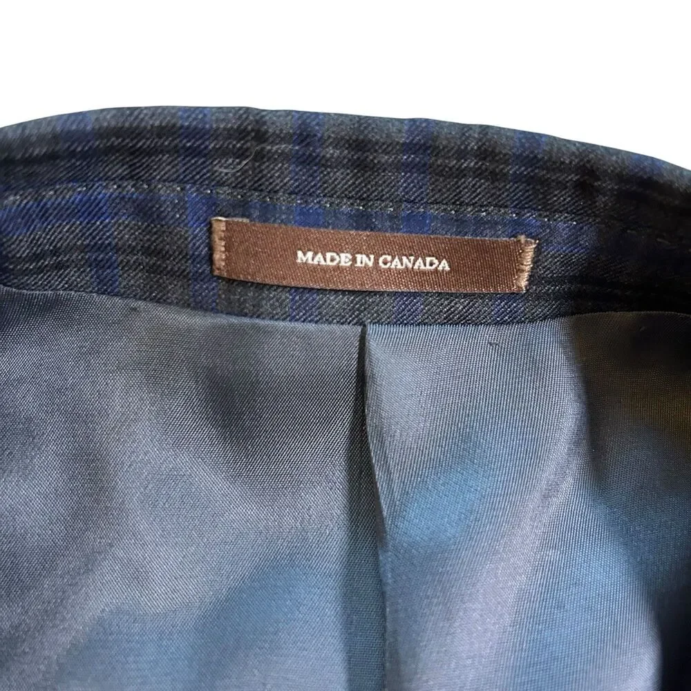 Peter Millar Men's Size 44R Navy Blue Windowpane Plaid Wool Blazer Suit Jacket